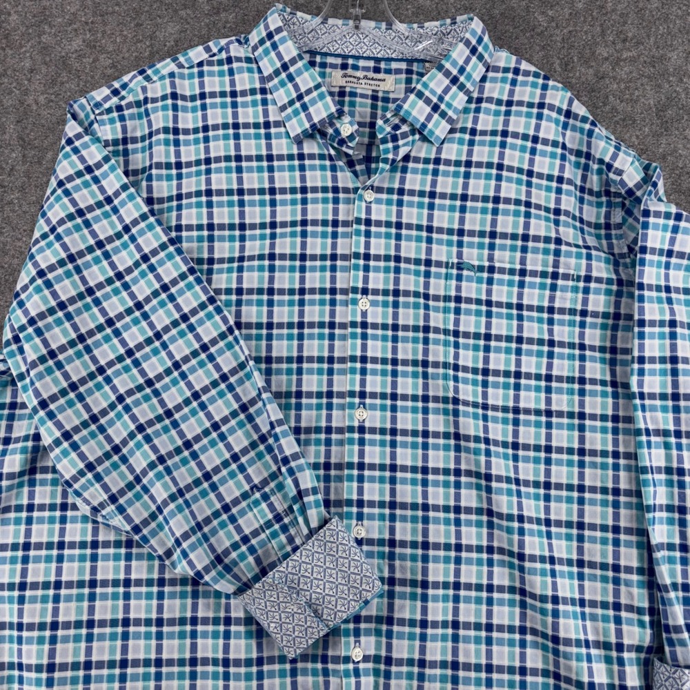 Tommy Bahama Sarasota Stretch Shirt Mens 3XL Blue Teal Plaid Coolmax ST327033